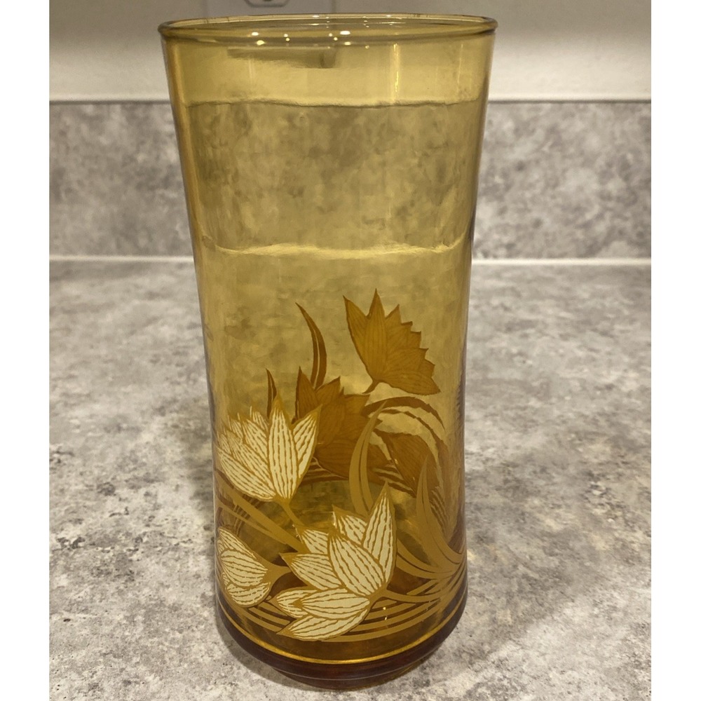 Vintage‎ Amber Floral Tumbler Embossed Floral Scene – 1980s Glass – Unmarked